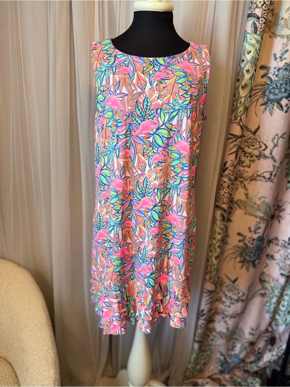 Anthony’s Resort Wear Pink Flamingo Tropical Ruffle Hem Dress L